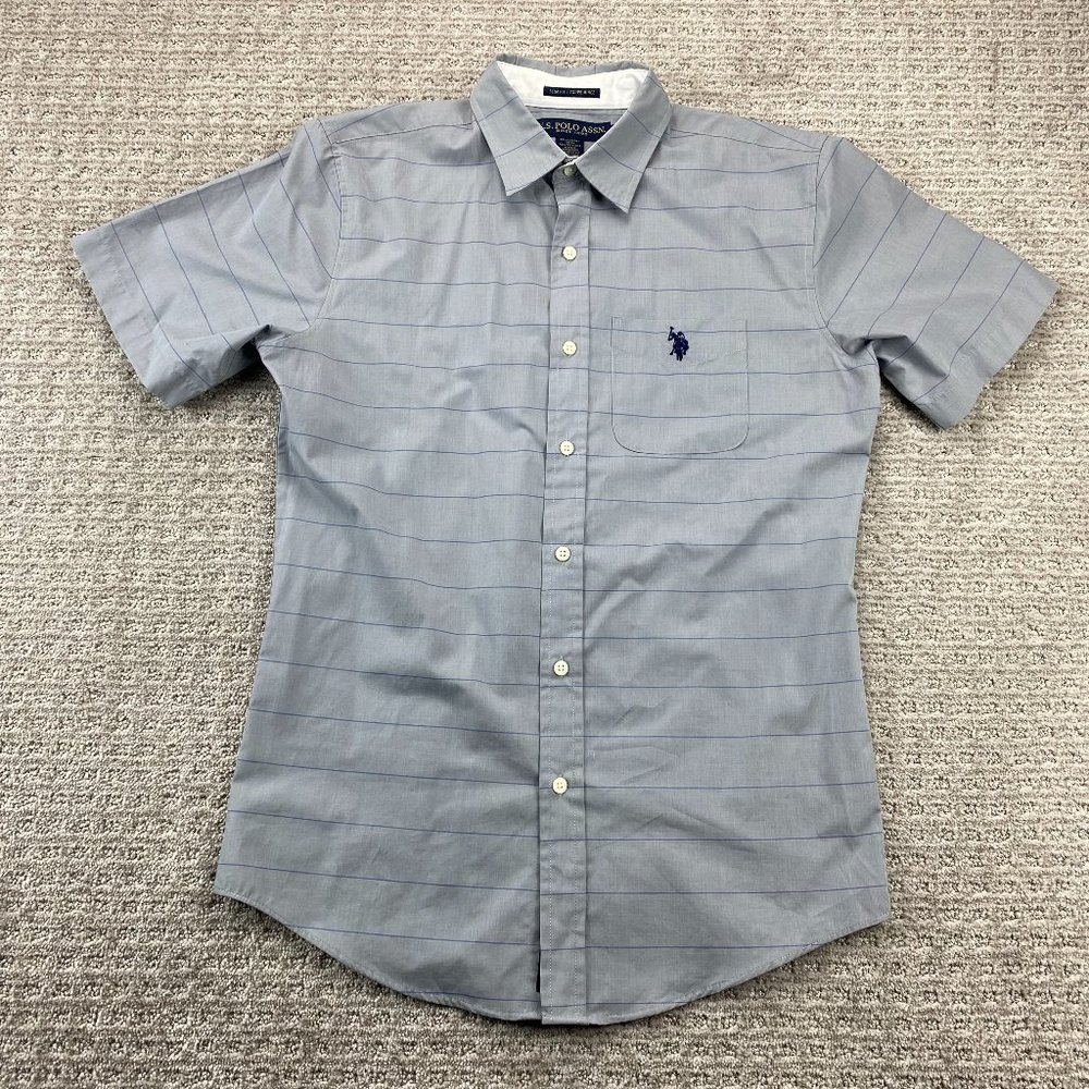 US Polo Assn. Shirt Men Small S Gray Blue Striped Button Down Short Sleeve